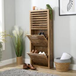 Home Source Luna Compact Shoe Storage Cabinet Rack Stand Cupboard 3 Slatted Doors in Brown - thumbnail 7