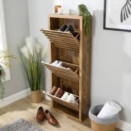 Home Source Luna Compact Shoe Storage Cabinet Rack Stand Cupboard 3 Slatted Doors in Brown - thumbnail 6