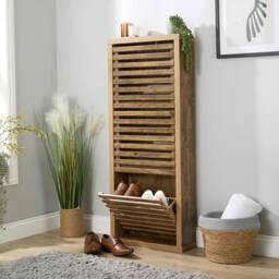 Home Source Luna Compact Shoe Storage Cabinet Rack Stand Cupboard 3 Slatted Doors in Brown - thumbnail 8
