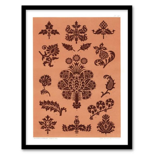 Artery8 GA & MA Audsley Framed Wall Art Print Medieval Botanical Pattern in Pink - Size: A4 - image 1