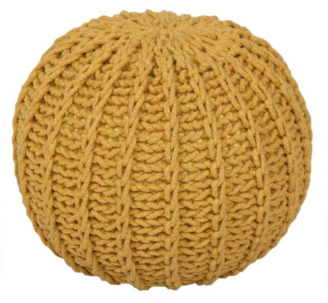 Snug City Cable Knit Round Pouffe Chunky Seat Decor Footstool Ottoman 100% Cotton Handmade in Yellow