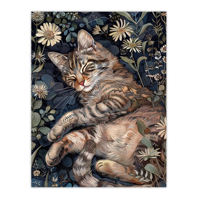"Artery8 Cute Moggie Sleeping in Daisy Field Cat Lover Wall Art Print in Dark Blue - Size: W12"" x H16""" - image 1