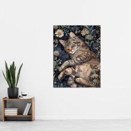 "Artery8 Cute Moggie Sleeping in Daisy Field Cat Lover Wall Art Print in Dark Blue - Size: W12"" x H16""" - thumbnail 4