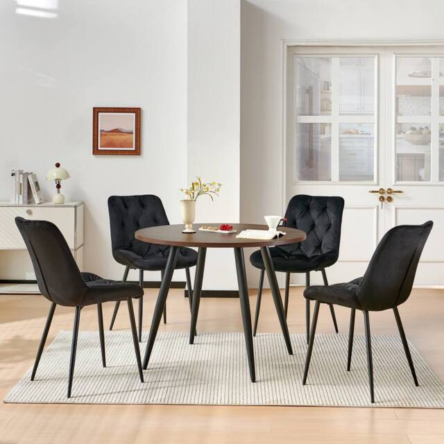 SONARA Dark Walnut 4 Seater Dining Table With 4 Velvet Chairs Sets in Black - image 1