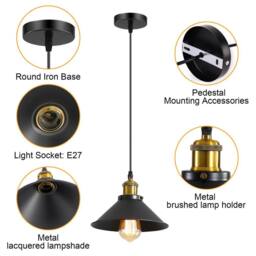 Goeco Vintage Retro Black Pendant Light, Shade Loft Iron Umbrella, E27 - thumbnail 3