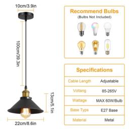 Goeco Vintage Retro Black Pendant Light, Shade Loft Iron Umbrella, E27 - thumbnail 2