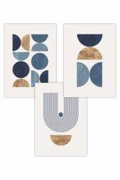 ARTZE Set of 3 Mid Century Geometric in Blue & Gold Art Posters in Navy - Size: W42 cm x H59 cm