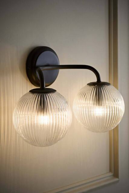 ValueLights Kempton Ribbed Glass Globe Shade 2 Arm Wall Light in Black - image 1
