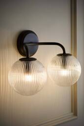 ValueLights Kempton Ribbed Glass Globe Shade 2 Arm Wall Light in Black