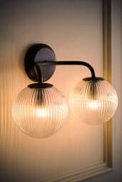 ValueLights Kempton Ribbed Glass Globe Shade 2 Arm Wall Light in Black - thumbnail 2