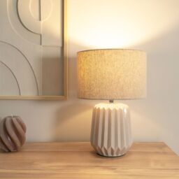 ValueLights Zak Pleated Textured Ceramic Table Lamp with Fabric Lamp Shade & LED Bulbs in Cream