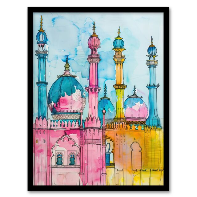"Artery8 Brighton Royal Pavilion Colourful Watercolour Framed Wall Art in Blue - Size: W12"" x H16""" - image 1