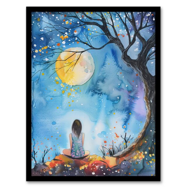 Artery8 Full Moon Gazing Autumn Night Watercolour Framed Art Print in Blue - Size: A4 - image 1