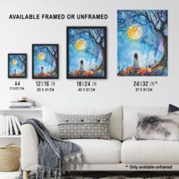 Artery8 Full Moon Gazing Autumn Night Watercolour Framed Art Print in Blue - Size: A4 - thumbnail 3
