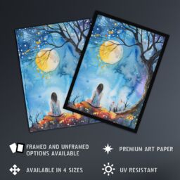 Artery8 Full Moon Gazing Autumn Night Watercolour Framed Art Print in Blue - Size: A4 - thumbnail 2