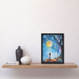 Artery8 Full Moon Gazing Autumn Night Watercolour Framed Art Print in Blue - Size: A4 - thumbnail 4
