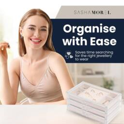 Sasha Morel 3-Layer Clear Jewellery Box - Velvet Lined Jewellery Organiser - Beige - thumbnail 4