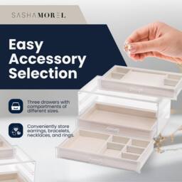Sasha Morel 3-Layer Clear Jewellery Box - Velvet Lined Jewellery Organiser - Beige - thumbnail 3