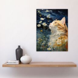 "Artery8 Moonlit Cat In Daisy Meadow Norwegian Forest Cat Oil Painting Large Wall Unframed Art Poster Print Thick Paper 18X24 Inch - Size: W18"" x H24""" - thumbnail 4