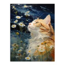 "Artery8 Moonlit Cat In Daisy Meadow Norwegian Forest Cat Oil Painting Large Wall Unframed Art Poster Print Thick Paper 18X24 Inch - Size: W18"" x H24""" - thumbnail 1