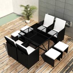Berkfield Home Elegant 9 Piece Outdoor Dining Set with Cushions Poly Rattan Black - thumbnail 2