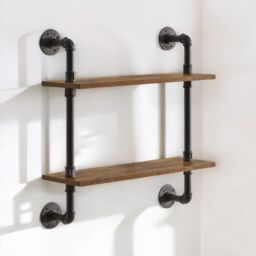 Rafaelo Mobilia Industrial Pipe Wall-Mounted 2 Tier Floating Shelves in Dark Brown - thumbnail 4