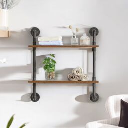 Rafaelo Mobilia Industrial Pipe Wall-Mounted 2 Tier Floating Shelves in Dark Brown - thumbnail 5