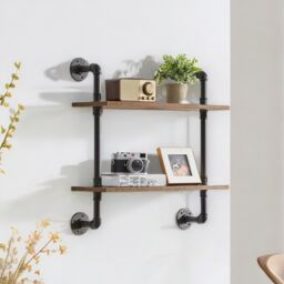 Rafaelo Mobilia Industrial Pipe Wall-Mounted 2 Tier Floating Shelves in Dark Brown - thumbnail 2