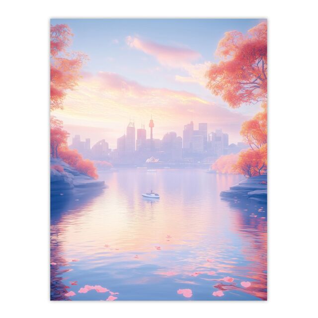 "Artery8 Dreamy Autumn Sunrise Japanese Coastal Cityscape Wall Art Print in Blue - Size: W18"" x H24""" - image 1