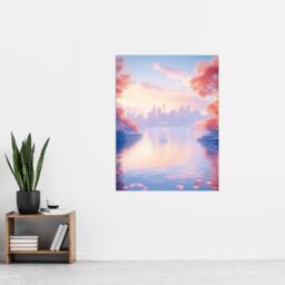 "Artery8 Dreamy Autumn Sunrise Japanese Coastal Cityscape Wall Art Print in Blue - Size: W18"" x H24""" - thumbnail 4