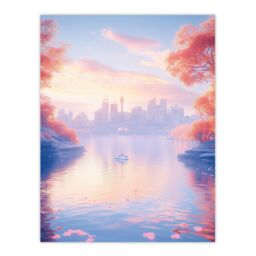 "Artery8 Dreamy Autumn Sunrise Japanese Coastal Cityscape Wall Art Print in Blue - Size: W18"" x H24""" - thumbnail 1
