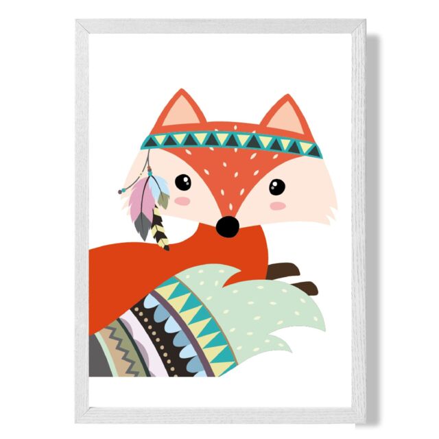 ARTZE Peeking Red Fox Tribal Animal Framed Print SIZE: A2 with White Frame - Size: A4 - image 1