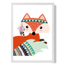 ARTZE Peeking Red Fox Tribal Animal Framed Print SIZE: A2 with White Frame - Size: A4