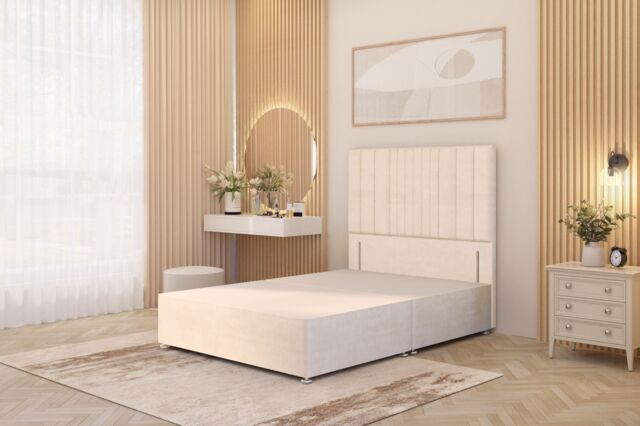 "Somnior Alexas Divan Bed Base with 54"" Floor Standing Headboard Plush Velvet in Ivory - Size: Small Single" - image 1