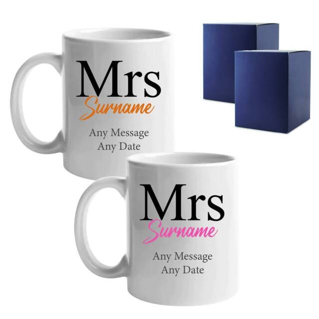Uniqueful Women's Personalised Mrs & Mrs Classic Font Ceramic 11oz Mug Set in White - image 1