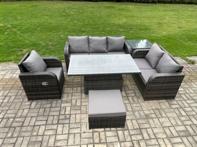 Fimous Outdoor Rattan Furniture Garden Dining Set Patio Height Adjustable Rising lifting Table Reclining Chair Sofa With Side Table Big Footstool - image 1