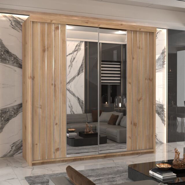 MN Furniture Merida Sliding Wardrobe with Mirror & LED Light 200x217cm in Brown - Size: 200x217 cm - image 1