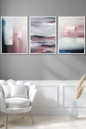 ARTZE Abstract Navy Blue Grey Blush Pink Oil Framed Wall Art - Large in White - Size: W53 cm x H73 cm x D20mm