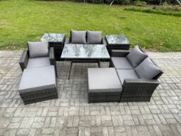 Fimous Garden Dining Set Wicker PE Rattan Outdoor Furniture Sofa with Rectangular Dining Table Double Seat Sofa 2 Side Tables 2 Big Footstool - thumbnail 2
