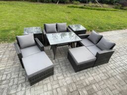 Fimous Garden Dining Set Wicker PE Rattan Outdoor Furniture Sofa with Rectangular Dining Table Double Seat Sofa 2 Side Tables 2 Big Footstool - thumbnail 1