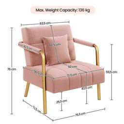 VOGREX Pink Velvet Accent Armchair Golden Legs Pillow Living Room - thumbnail 2