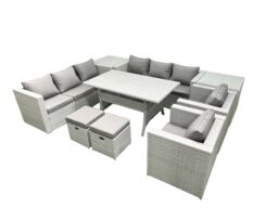 Fimous Rattan Garden Furniture Set Outdoor 8 Seater Patio Dinin g Sofa Sets w/ Dining Table 2 Chairs 2 Side Tables 2 Small Footstools Light Grey Mixed - thumbnail 2