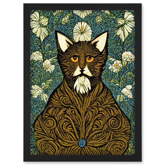 Artery8 Floral Paisley Illustrated Golden Cat William Morris Artwork Framed Wall Art Print A4 in Black - image 1