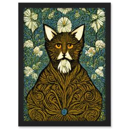 Artery8 Floral Paisley Illustrated Golden Cat William Morris Artwork Framed Wall Art Print A4 in Black - thumbnail 1