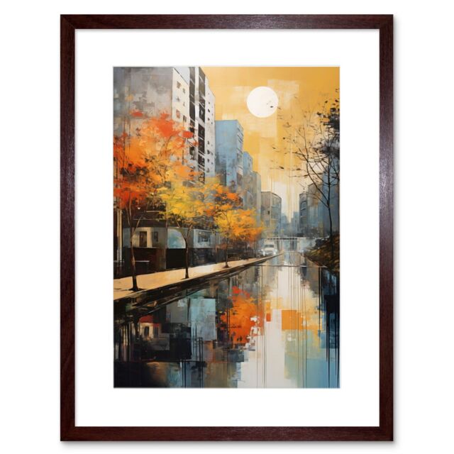 "Artery8 Wall Art Print Cityscape River Canal Oil Painting Blue Orange Trees Autumn in the City Artwork Framed 9X7 Inch in Brown - Size: W7"" x H9""" - image 1