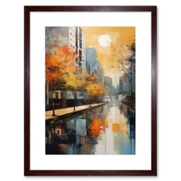 "Artery8 Wall Art Print Cityscape River Canal Oil Painting Blue Orange Trees Autumn in the City Artwork Framed 9X7 Inch in Brown - Size: W7"" x H9""" - thumbnail 1