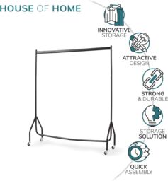 House of Home Heavy Duty Clothes Rail 4ft Long x 5ft Tall Black Quality Metal Stand Rack - thumbnail 6