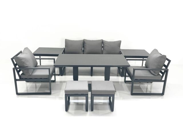 Fimous Outdoor Aluminium Garden Furniture Set w/ Adjustable Rising Lifting Dining Table 3 Seater Sofa 2 Chair 2 Small Footstools 2 Side Tables Dark - image 1