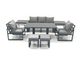 Fimous Outdoor Aluminium Garden Furniture Set w/ Adjustable Rising Lifting Dining Table 3 Seater Sofa 2 Chair 2 Small Footstools 2 Side Tables Dark - thumbnail 2