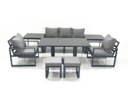 Fimous Outdoor Aluminium Garden Furniture Set w/ Adjustable Rising Lifting Dining Table 3 Seater Sofa 2 Chair 2 Small Footstools 2 Side Tables Dark - thumbnail 1